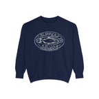 ThTgrlreads Zodiac Academy collection oversized crewneck sweatshirt in vintage navy with white vintage puff print graphic of a salmon and text reading "Slippery Salmon," made from premium Comfort Colors fabric.