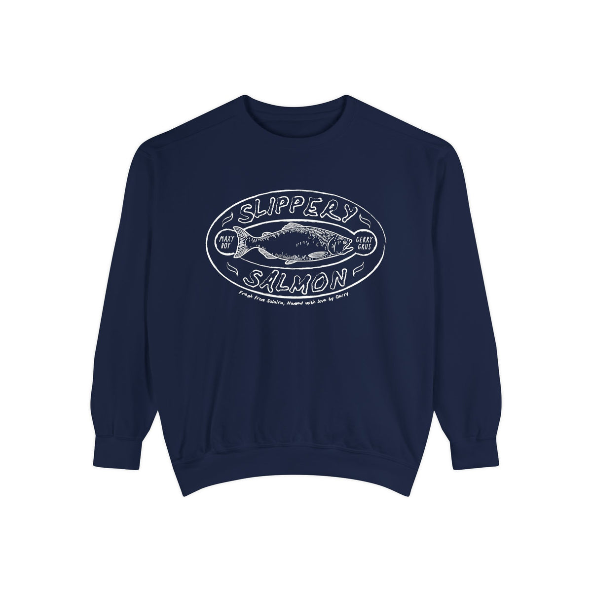 ThTgrlreads Zodiac Academy collection oversized crewneck sweatshirt in vintage navy with white vintage puff print graphic of a salmon and text reading "Slippery Salmon," made from premium Comfort Colors fabric.