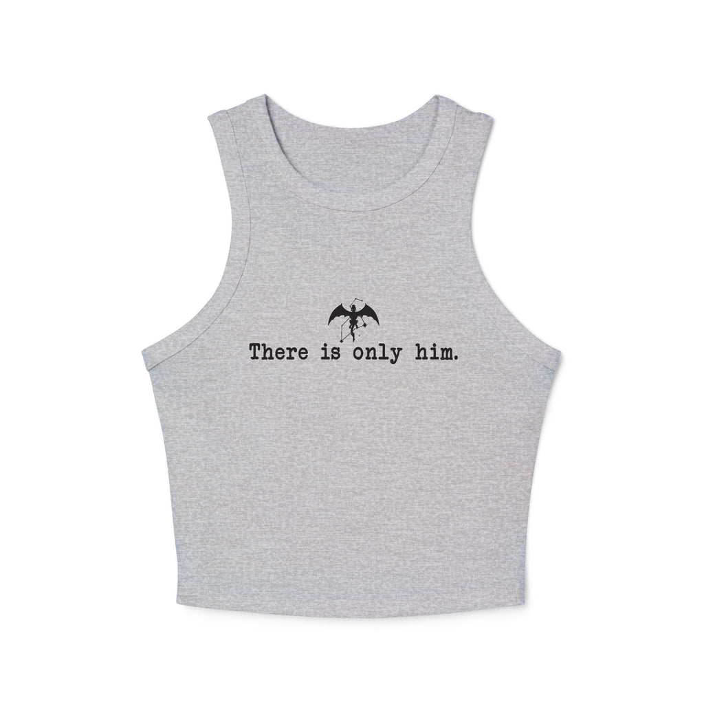 Thtgrlreads Zodiac Academy collection women's grey comfort colors cropped tank top featuring minimalist black bat graphic and "There is only him." text in typewriter font.