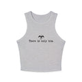 Thtgrlreads Zodiac Academy collection women's grey comfort colors cropped tank top featuring minimalist black bat graphic and "There is only him." text in typewriter font.