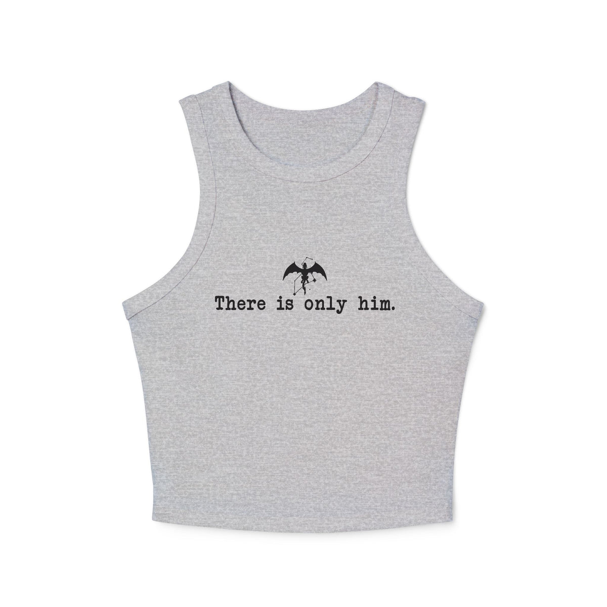 Thtgrlreads Zodiac Academy collection women's grey comfort colors cropped tank top featuring minimalist black bat graphic and "There is only him." text in typewriter font.