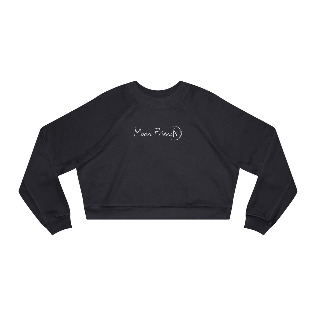 thtgrlreads cozy cropped sweatshirt in black Comfort Colors fabric featuring delicate embroidered "Moon Friends" text with a crescent moon detail across the chest.