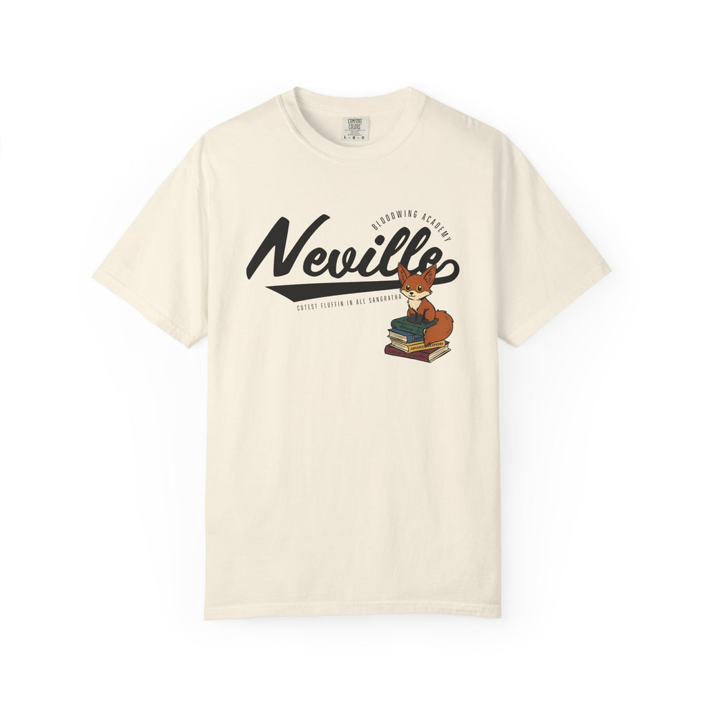 thtgrlreads cream-colored Comfort Colors graphic tee featuring "Neville" in bold script with a vintage puff print of a small fox sitting on stacked books, evoking a cozy literary theme.