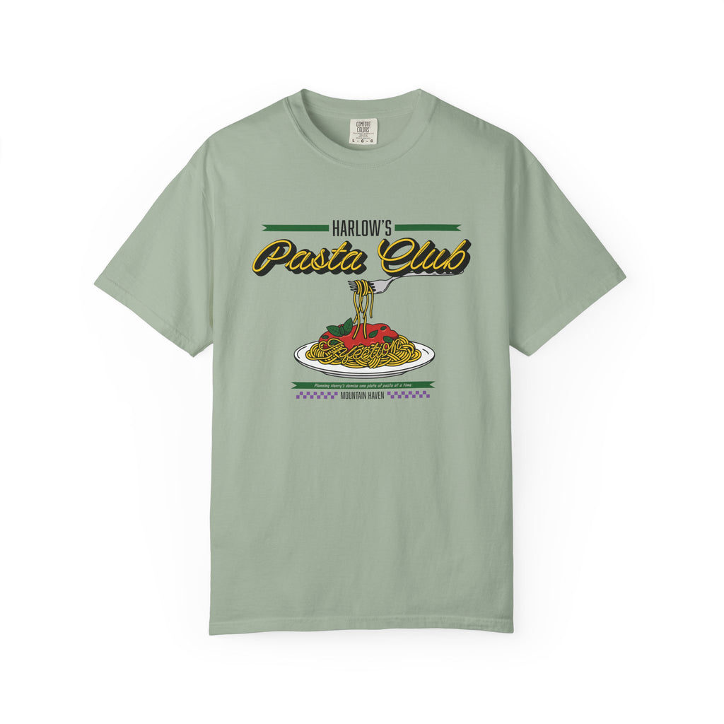 Comfort Colors graphic tee from thtgrlreads inspired by The Poison Daughter collection featuring retro-style "Harlow's Pasta Club" text and a vintage print of pasta on a sage green shirt.