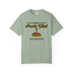 Comfort Colors graphic tee from thtgrlreads inspired by The Poison Daughter collection featuring retro-style "Harlow's Pasta Club" text and a vintage print of pasta on a sage green shirt.