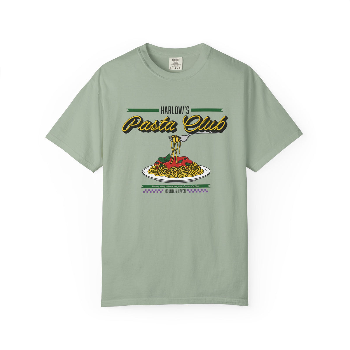 Comfort Colors graphic tee from thtgrlreads inspired by The Poison Daughter collection featuring retro-style "Harlow's Pasta Club" text and a vintage print of pasta on a sage green shirt.