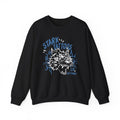 Wolves of Ruin collection by thtgrlreads features a black oversized crewneck sweatshirt from Printify with a vintage wash, showcasing a bold blue and white graphic of a snarling wolf surrounded by stylized flames and the words "Stark Tattoos.