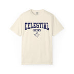 Thtgrlreads Zodiac Academy collection Comfort Colors graphic tee in vintage cream with distressed navy blue "Celestial Heirs" collegiate-style print, soft cotton material.