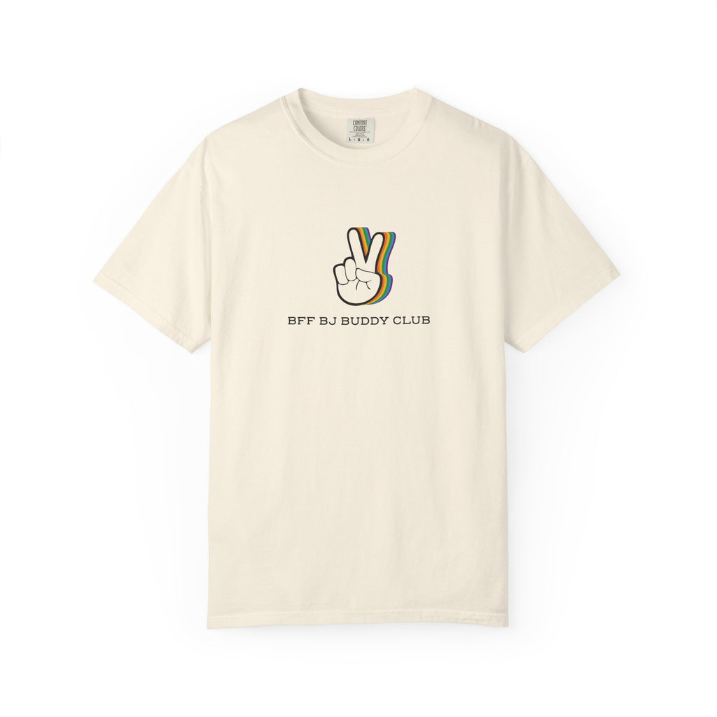 Thtgrlreads Zodiac Academy collection features a vintage wash Comfort Colors graphic tee in cream with a retro peace hand print and "BFF BJ Buddy Club" text, perfect bookish merch.