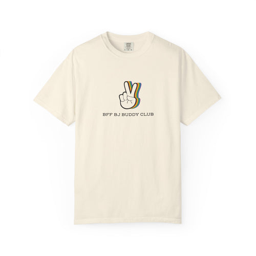 Thtgrlreads Zodiac Academy collection features a vintage wash Comfort Colors graphic tee in cream with a retro peace hand print and "BFF BJ Buddy Club" text, perfect bookish merch.