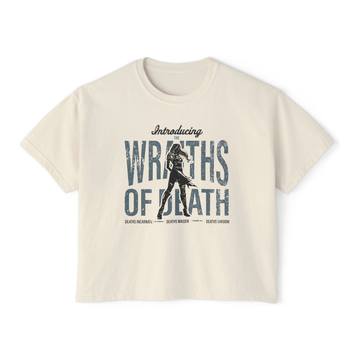 thtgrlreads vintage wash Comfort Colors cropped t-shirt featuring a distressed graphic text "WRATHS OF DEATH" with a silhouette of a figure, inspired by fantasy romance themes.