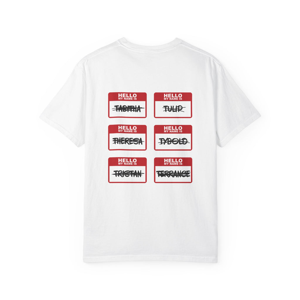 Kindred's Curse Saga comfort colors graphic tee by thtgrlreads featuring six red and white "Hello My Name Is" name tags with crossed-out names in bold black script on a vintage white unisex t-shirt.