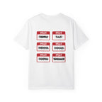 Kindred's Curse Saga comfort colors graphic tee by thtgrlreads featuring six red and white "Hello My Name Is" name tags with crossed-out names in bold black script on a vintage white unisex t-shirt.