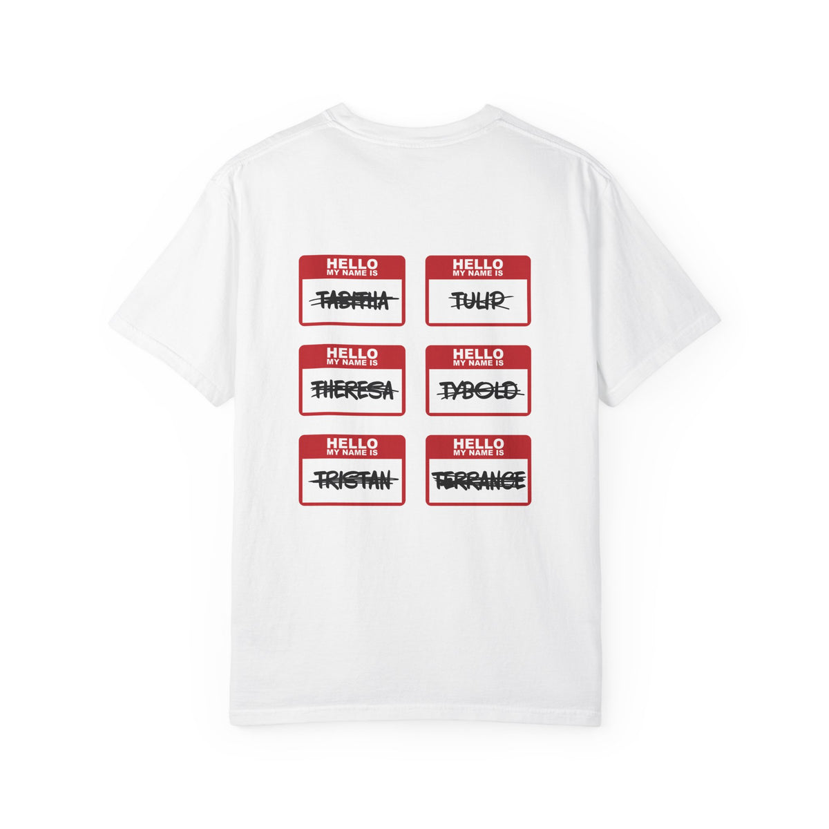 Kindred's Curse Saga comfort colors graphic tee by thtgrlreads featuring six red and white "Hello My Name Is" name tags with crossed-out names in bold black script on a vintage white unisex t-shirt.