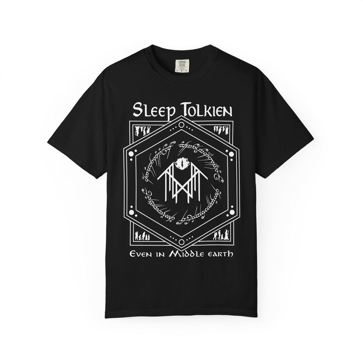 thtgrlreads Off Brand tee featuring a black Comfort Colors graphic t-shirt with a vintage white print inspired by Tolkien’s Middle Earth, including stylized script and fantasy motifs, part of the Tees collection.