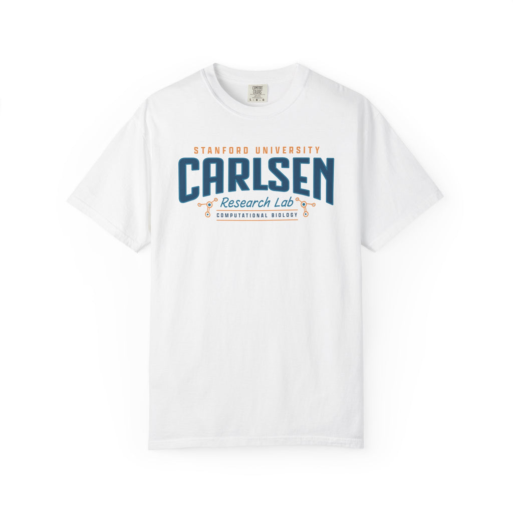White Carlsen Research Lab graphic tee with Stanford University and computational biology lettering, Love Hypothesis merch by Thtgrlreads and Ali Hazelwood apparel