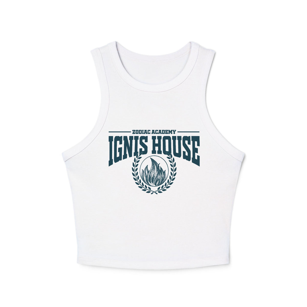 Zodiac Academy inspired sleeveless tank from thtgrlreads featuring a vintage wash white Comfort Colors base with bold "Ignis House" graphic and flame emblem, perfect for bookish fans.