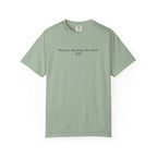 Thtgrlreads officially licensed Comfort Colors graphic tee from The Poison Daughter collection, featuring simple black text "My heart. My bones. Our blood." on a vintage washed sage green fabric.