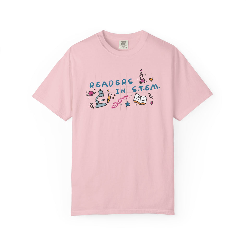 thtgrlreads Ali Hazelwood Love Hypothesis pink Comfort Colors graphic tee with Readers in STEM lettering and colorful science and book illustrations on soft cotton fabric