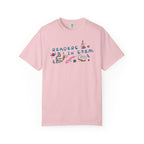 thtgrlreads Ali Hazelwood Love Hypothesis pink Comfort Colors graphic tee with Readers in STEM lettering and colorful science and book illustrations on soft cotton fabric