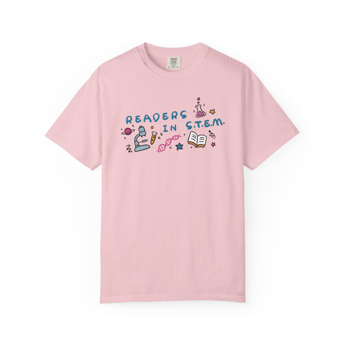 thtgrlreads Ali Hazelwood Love Hypothesis pink Comfort Colors graphic tee with Readers in STEM lettering and colorful science and book illustrations on soft cotton fabric