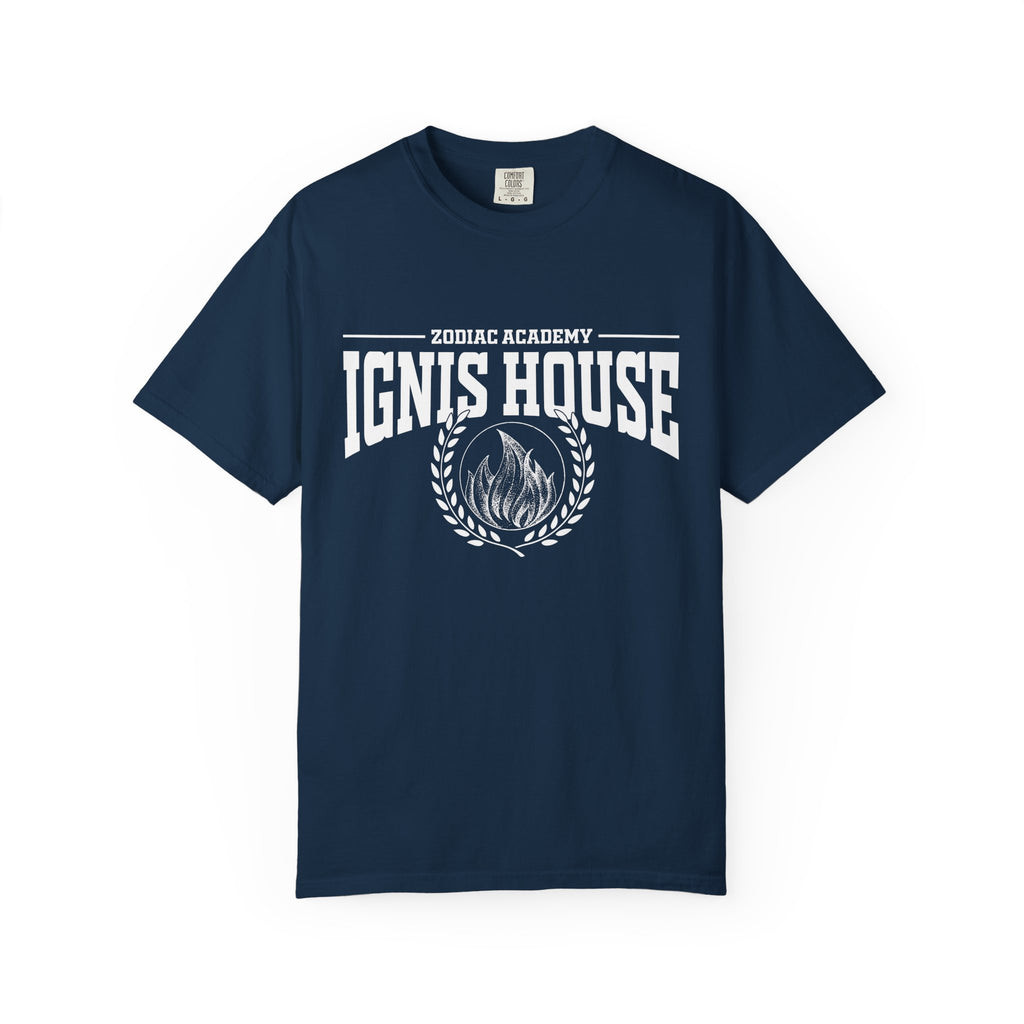 Thtgrlreads Zodiac Academy Comfort Colors graphic tee featuring vintage wash and bold Ignis House print with laurel wreath, part of Back to School and Tees collections.