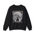 thtgrlreads Moon Witch Sweatshirt from The Eating Woods collection features an oversized black crewneck with a vintage wash, showcasing a large moon graphic and gothic script text.