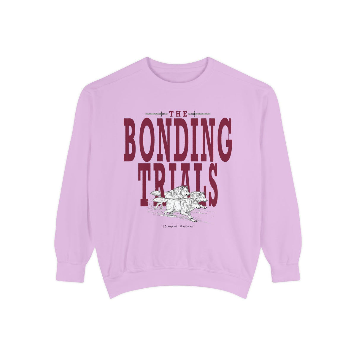Thtgrlreads Wolves of Ruin collection oversized crewneck sweatshirt in lavender Comfort Colors fabric featuring vintage-style maroon text and an illustrated wolf pack graphic.