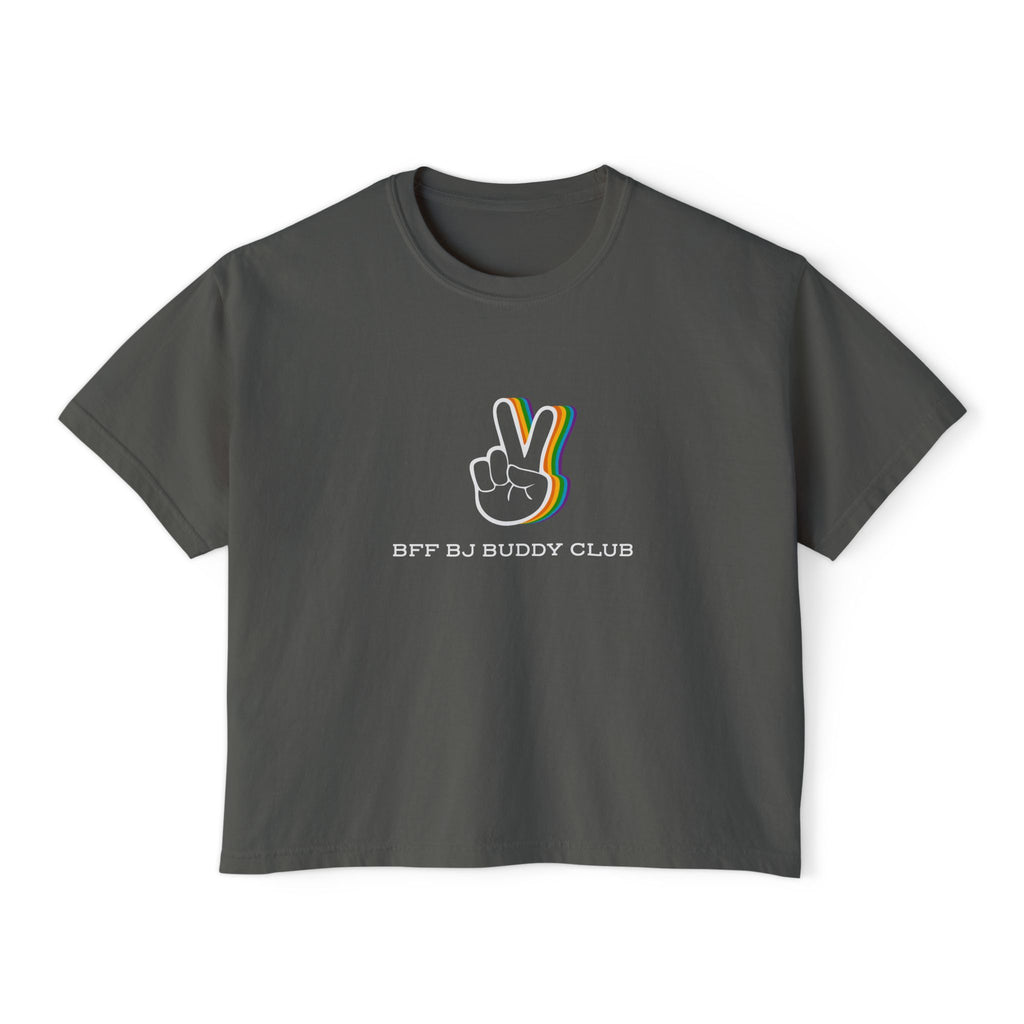 A vintage wash charcoal Comfort Colors cropped t-shirt from thtgrlreads featuring a bold graphic peace hand sign with rainbow outlines and "BFF BJ BUDDY CLUB" text, part of the Zodiac Academy and Tees collections.
