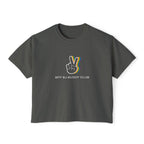 A vintage wash charcoal Comfort Colors cropped t-shirt from thtgrlreads featuring a bold graphic peace hand sign with rainbow outlines and "BFF BJ BUDDY CLUB" text, part of the Zodiac Academy and Tees collections.