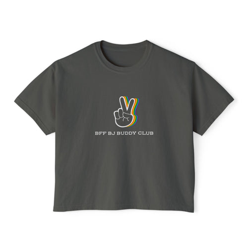 A vintage wash charcoal Comfort Colors cropped t-shirt from thtgrlreads featuring a bold graphic peace hand sign with rainbow outlines and "BFF BJ BUDDY CLUB" text, part of the Zodiac Academy and Tees collections.
