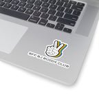 A laptop corner featuring a colorful outline peace hand gesture sticker with "BFF BJ BUDDY CLUB" text in bold black font beneath it.