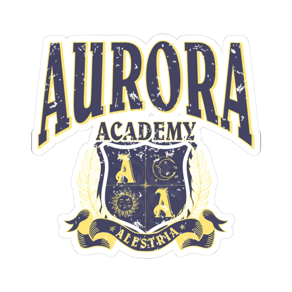 Ruthless Boys of the Zodiac fandom sticker from thtgrlreads features a vintage-style Aurora Academy crest with distressed navy and gold lettering, perfect for Back to School and bookish sticker collections.
