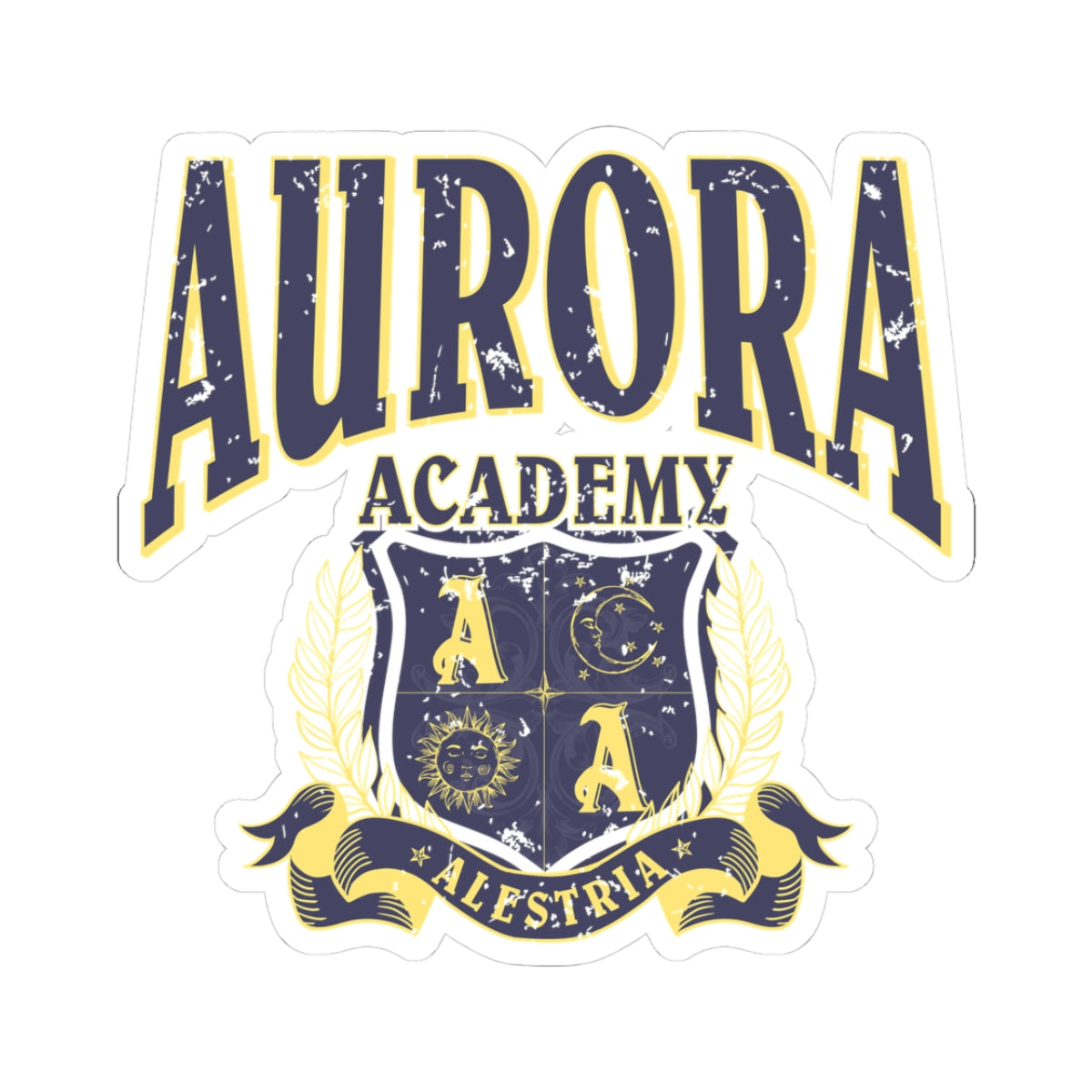 Ruthless Boys of the Zodiac fandom sticker from thtgrlreads features a vintage-style Aurora Academy crest with distressed navy and gold lettering, perfect for Back to School and bookish sticker collections.