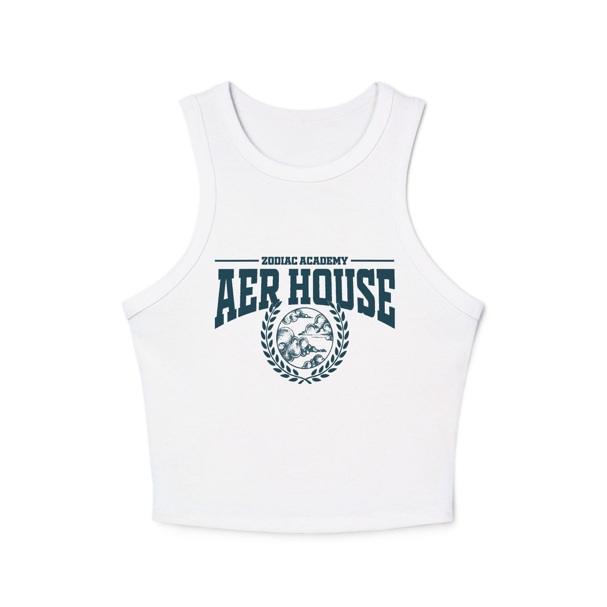 Zodiac Academy-themed white comfort colors cropped tank from thtgrlreads with vintage washed fabric and bold Aer House graphic print, perfect for back to school style.