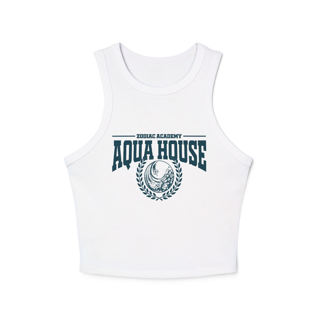 Zodiac Academy Aqua House women's cropped tank top from thtgrlreads featuring a vintage wash white Comfort Colors fabric with bold navy graphic text and emblem.