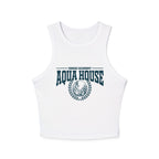 Zodiac Academy Aqua House women's cropped tank top from thtgrlreads featuring a vintage wash white Comfort Colors fabric with bold navy graphic text and emblem.