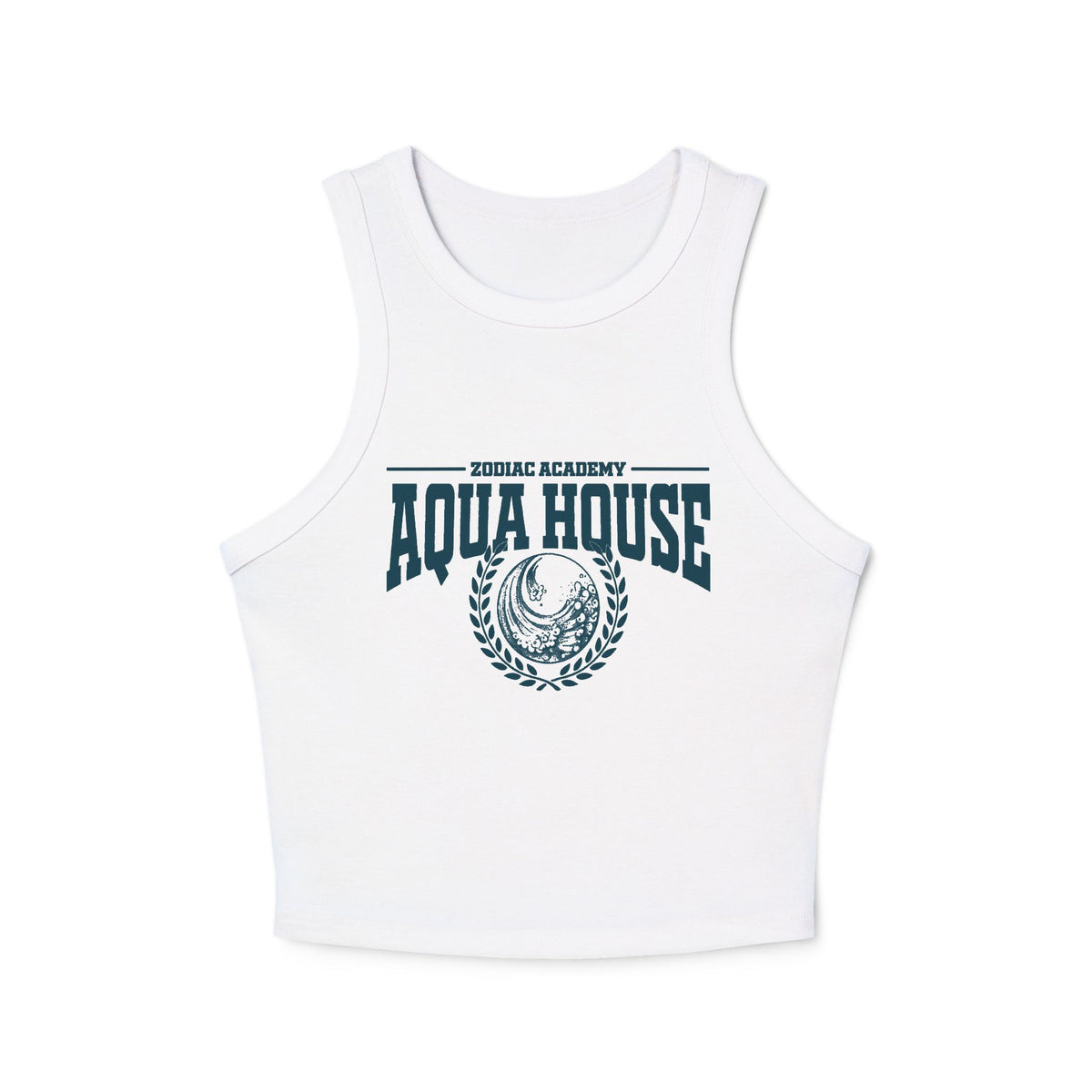 Zodiac Academy Aqua House women's cropped tank top from thtgrlreads featuring a vintage wash white Comfort Colors fabric with bold navy graphic text and emblem.