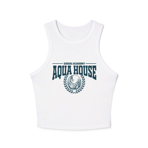 Zodiac Academy Aqua House women's cropped tank top from thtgrlreads featuring a vintage wash white Comfort Colors fabric with bold navy graphic text and emblem.