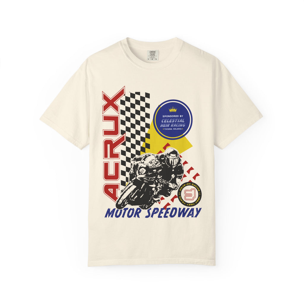 Thtgrlreads Zodiac Academy collection cream Comfort Colors graphic tee featuring a vintage-style red and black motorbike racing design with bold "Acrux" text and checkered flag accents.