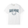 Thtgrlreads Zodiac Academy collection Comfort Colors graphic tee in white featuring a vintage puff print "Aqua House" design with laurel wreath emblem, unisex fit.