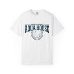 Thtgrlreads Zodiac Academy collection Comfort Colors graphic tee in white featuring a vintage puff print "Aqua House" design with laurel wreath emblem, unisex fit.