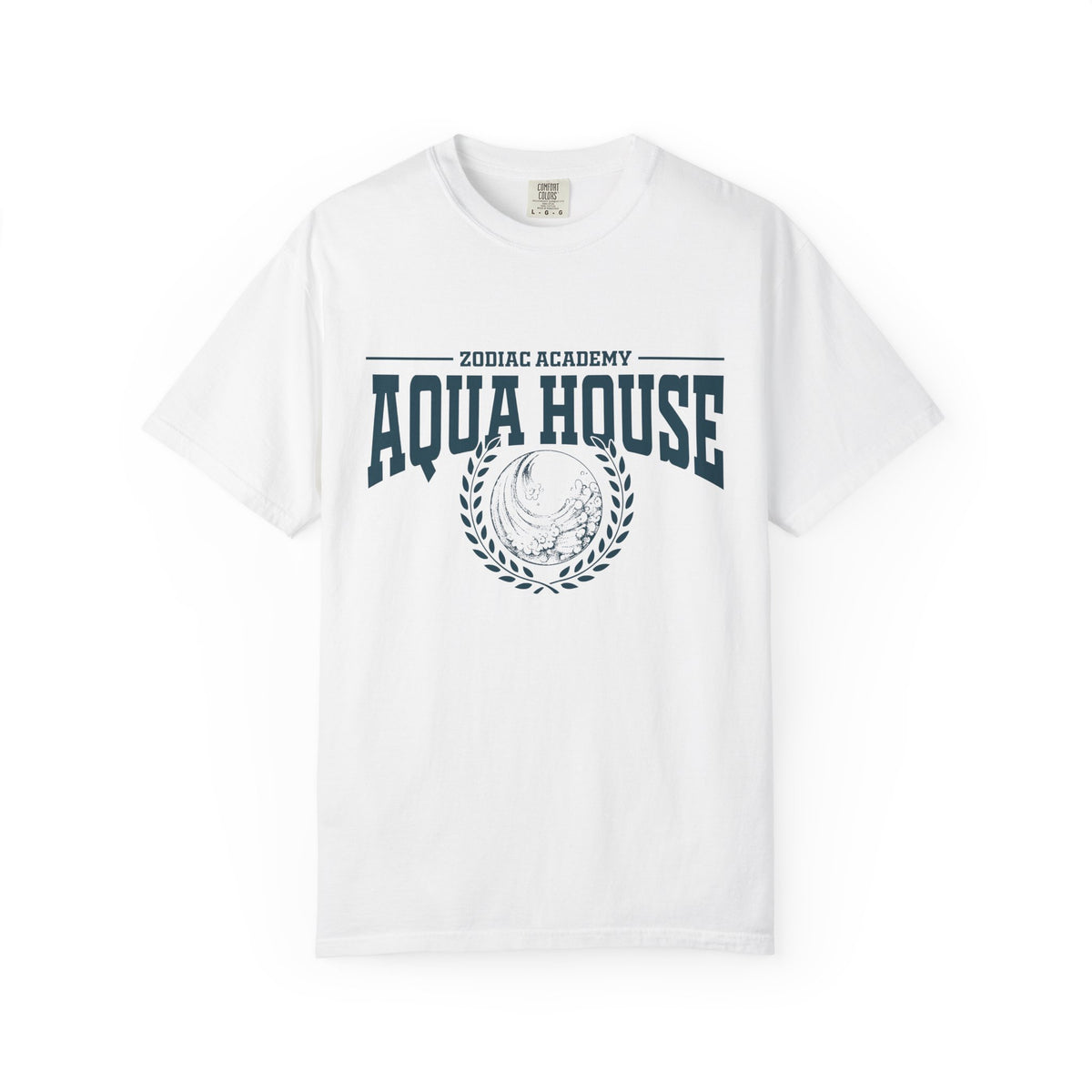 Thtgrlreads Zodiac Academy collection Comfort Colors graphic tee in white featuring a vintage puff print "Aqua House" design with laurel wreath emblem, unisex fit.
