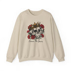 Thtgrlreads Liv Zander collection comfort colors oversized crewneck sweatshirt featuring a vintage style skull graphic with a crown and red roses, "Crown Me Yours" text.