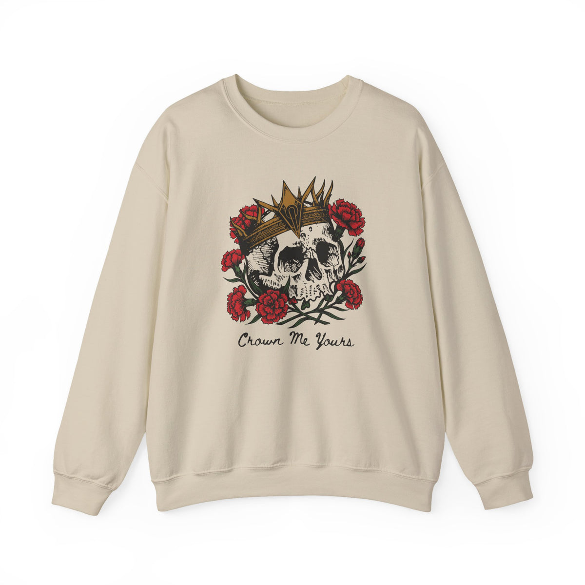 Thtgrlreads Liv Zander collection comfort colors oversized crewneck sweatshirt featuring a vintage style skull graphic with a crown and red roses, "Crown Me Yours" text.