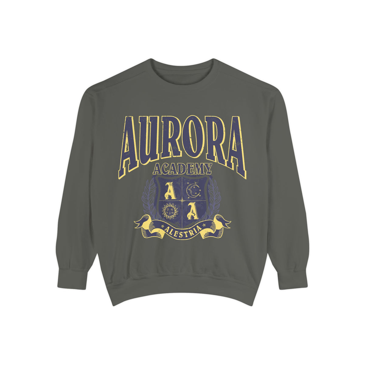 Bloodwing Academy merchandise from thtgrlreads featuring a vintage wash Comfort Colors crewneck sweatshirt with a bold yellow and purple Aurora Academy crest graphic and collegiate-style text.