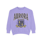 thtgrlreads Aurora Academy vintage wash oversized crewneck sweatshirt in lavender with distressed collegiate-style script and a crest featuring celestial symbols and a banner reading Alestria