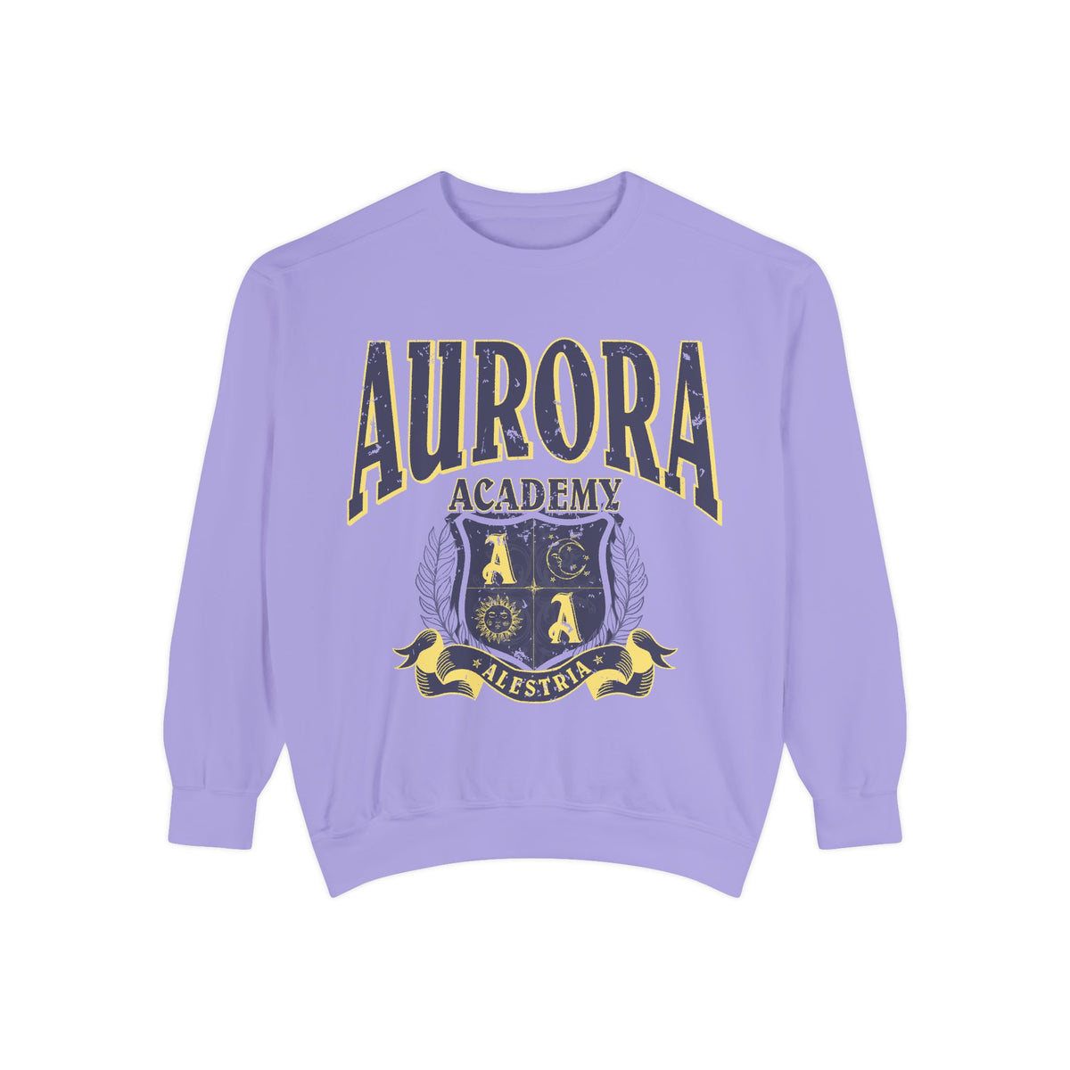 thtgrlreads Aurora Academy vintage wash oversized crewneck sweatshirt in lavender with distressed collegiate-style script and a crest featuring celestial symbols and a banner reading Alestria