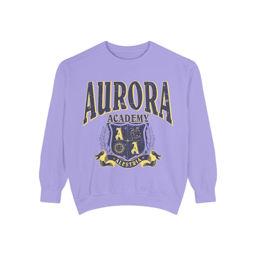 thtgrlreads Aurora Academy vintage wash oversized crewneck sweatshirt in lavender with distressed collegiate-style script and a crest featuring celestial symbols and a banner reading Alestria