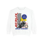 Zodiac Academy-themed oversized crewneck sweatshirt by thtgrlreads featuring a vintage-style motorbike graphic with bold red and blue lettering on soft white Comfort Colors fabric.